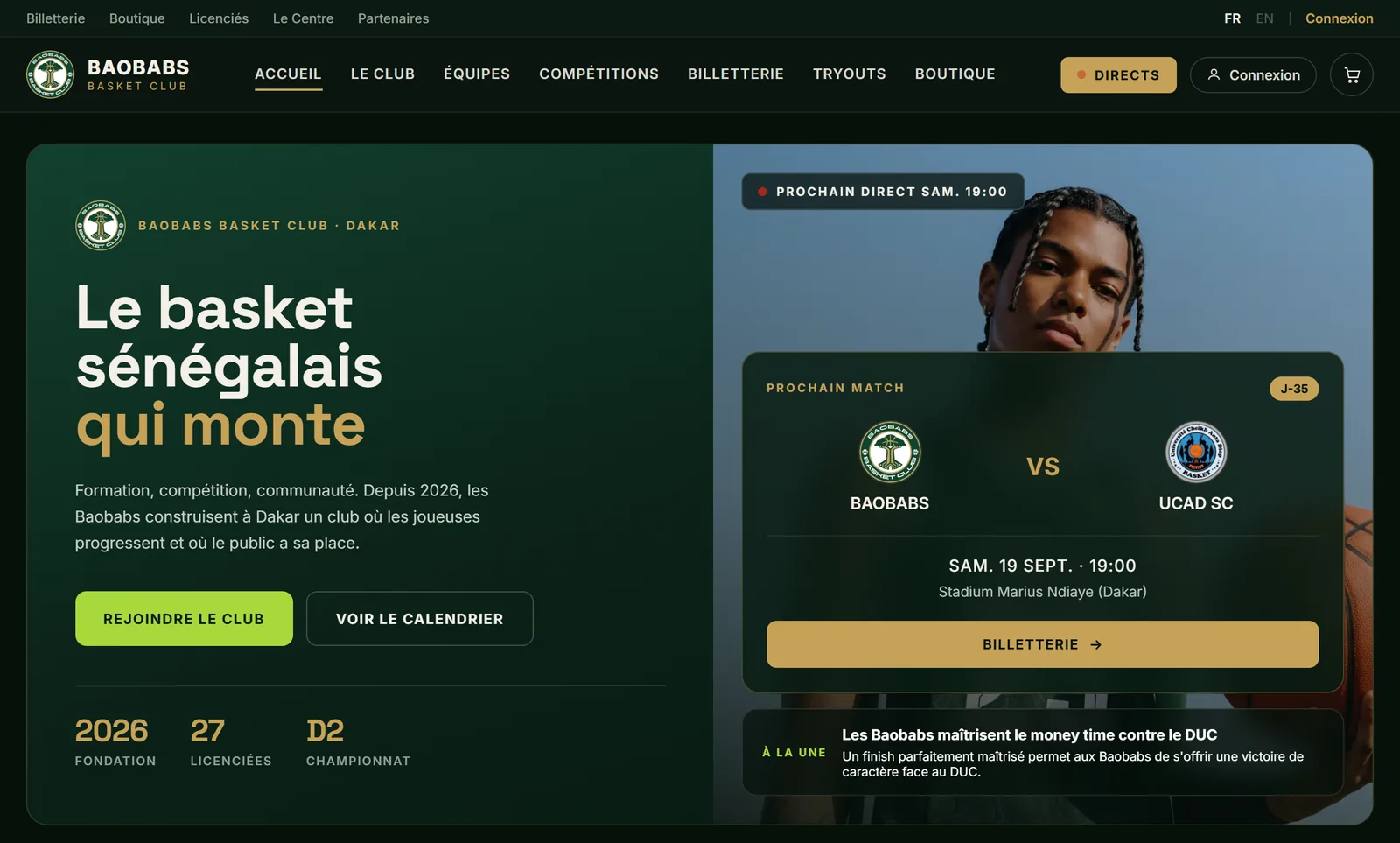 Page d’accueil du site des Baobabs Basket Club.
