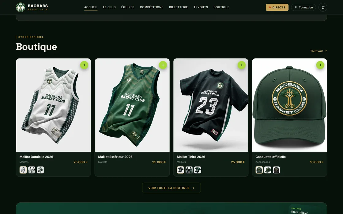 La boutique : maillots domicile, extérieur, troisième et casquette officielle.