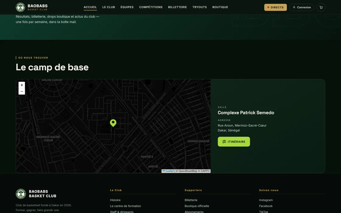 Le camp de base : la carte de la salle et l'adresse du club.
