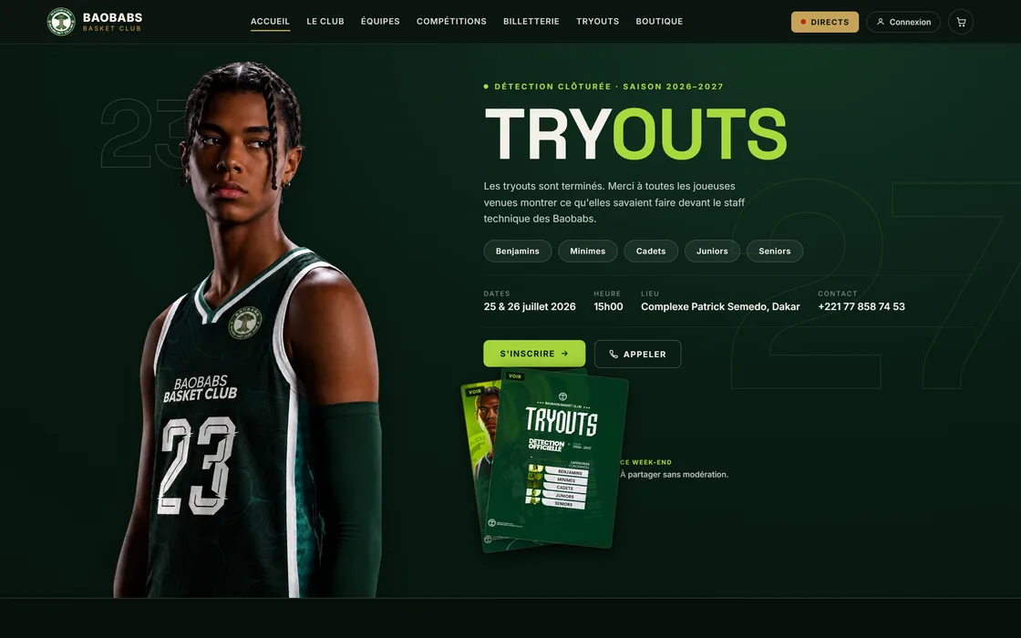 La section Tryouts : dates, catégories et inscription à la détection.