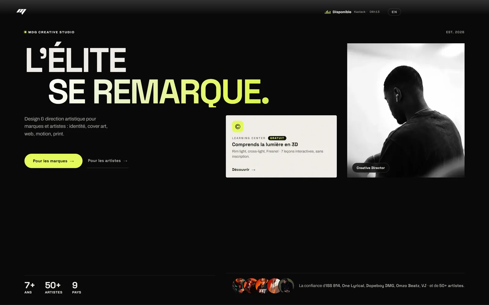 Page d’accueil du site MDG Creative Studio.