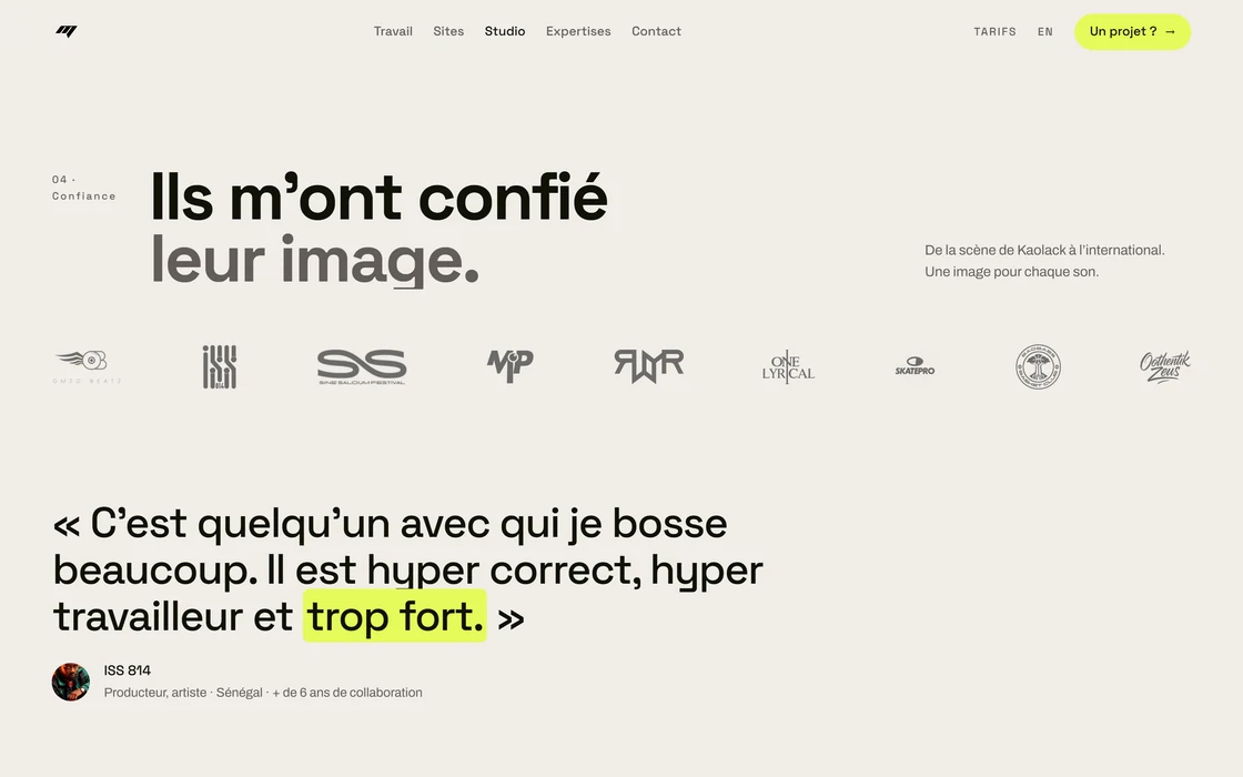 La section Confiance : le titre « Ils m'ont confié leur image », les logos de neuf clients et la citation d'ISS 814 en grand.