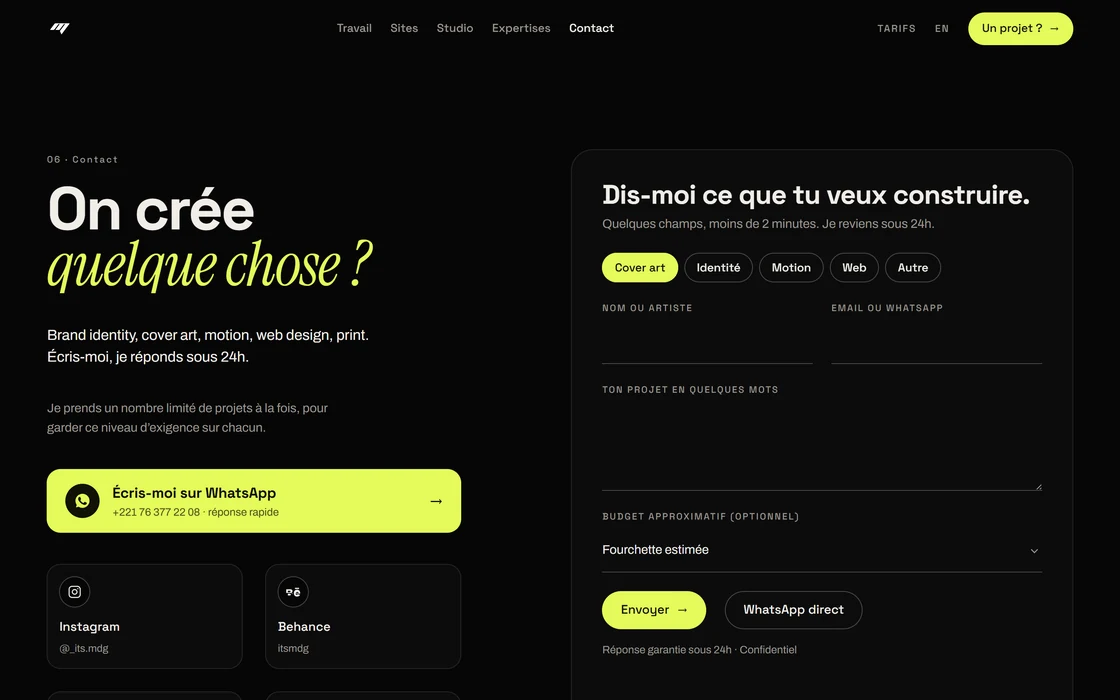 La section Contact : le titre « On crée quelque chose ? », le bouton WhatsApp et le formulaire de projet avec ses types de demande.