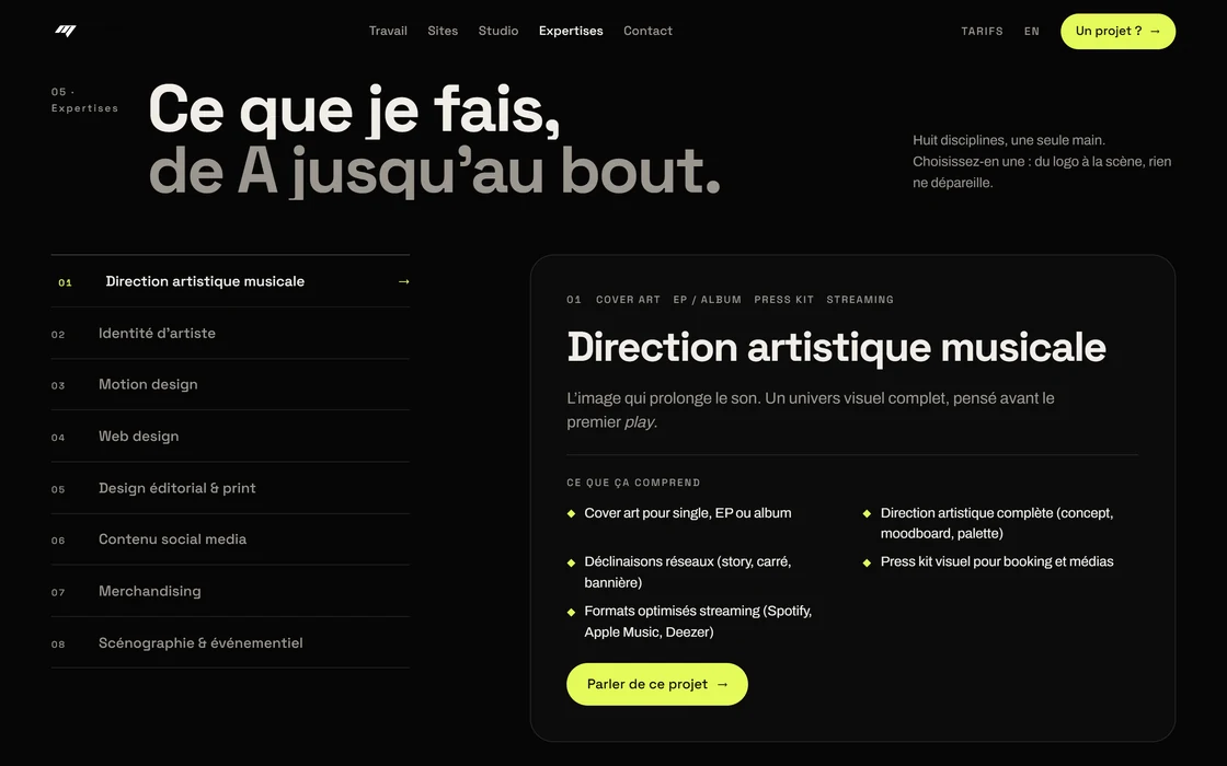 La section Expertises : le titre « Ce que je fais, de A jusqu'au bout », la liste des huit disciplines et la fiche Direction artistique musicale avec ce qu'elle comprend.