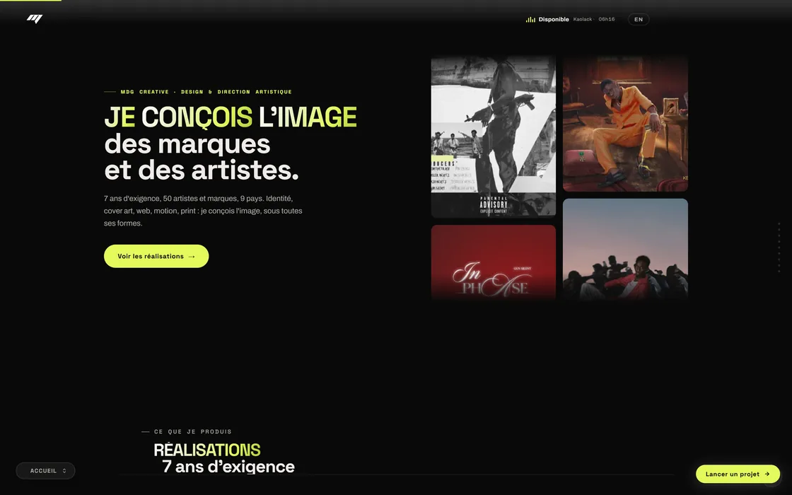 La passerelle vers le portfolio : « Je conçois l'image des marques et des artistes » et quatre visuels.