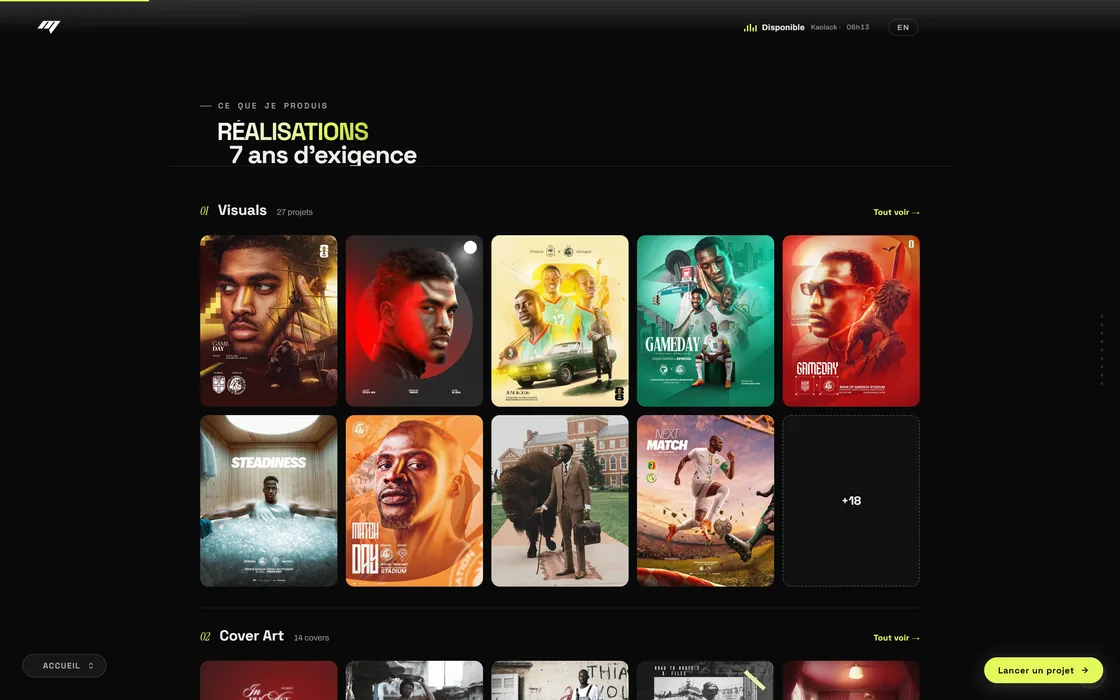 Le portfolio rangé par chapitre : Cover Art, Visuals, Motion, Web.