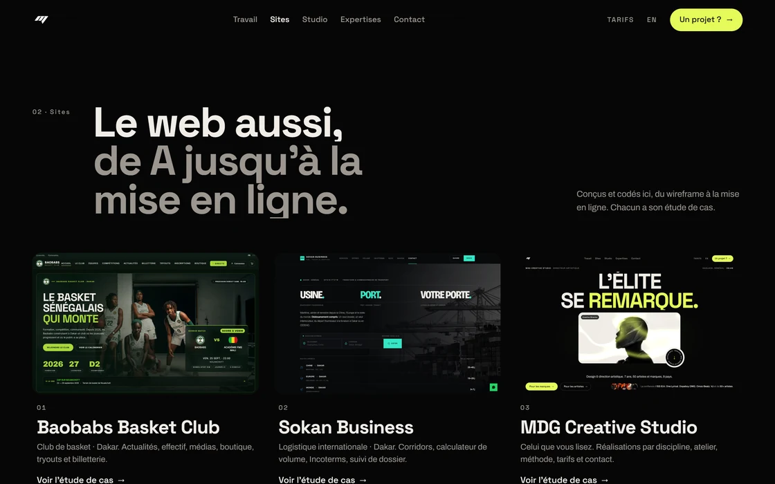 La section Sites : le titre « Le web aussi, de A jusqu'à la mise en ligne » et les trois sites, chacun avec son étude de cas.