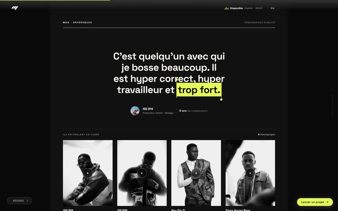 Les témoignages : une citation en grand et quatre vidéos d'artistes.