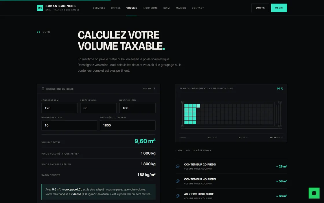 Le calculateur de volume taxable, avec le plan de chargement du conteneur.