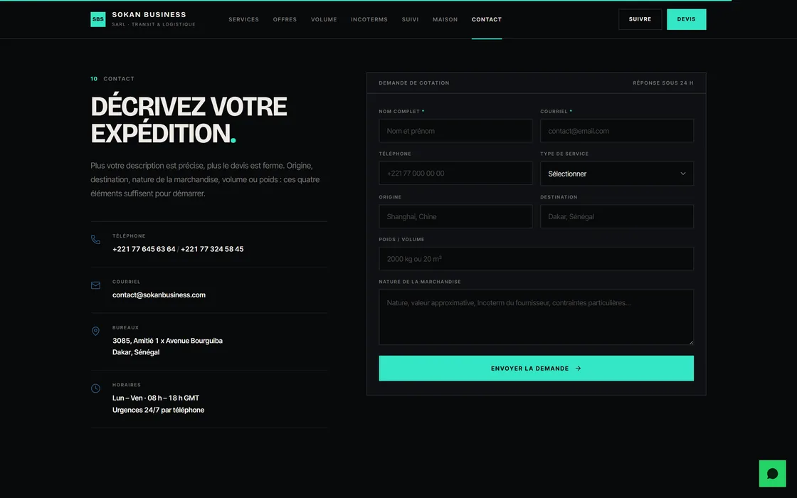 Le formulaire de cotation : décrire l’expédition pour obtenir un devis.